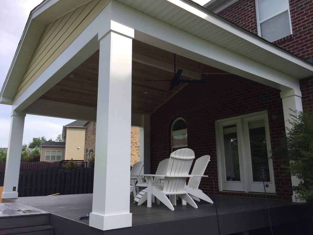 Covered porch project in Concord, NC. Tongue & Groove Ceiling. Composite deck boards. James Hardie Siding.